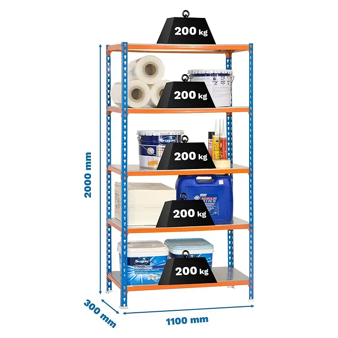 Simonrack Simonclick Metallregal Simonclick Super Plus - H x B x T: 200 x 110 x 30 cm, Traglast pro Boden: 200 kg, Anzahl Böden: 5 Stk., Stecken, Blau/Orange/Silber - Regal mit fünf Ebenen, auf denen verschiedene Behälter und Rollenwaren gelagert werden, wobei jede Ebene mit 200 kg belastet ist.