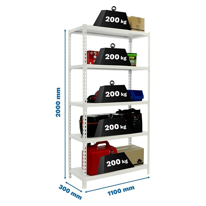 Simonrack Simonclick Metallregal Simonclick Super Plus (H x B x T: 200 x 110 x 30 cm, Traglast pro Boden: 200 kg, Anzahl Böden: 5 Stk., Stecken, Weiß) | BAUHAUS