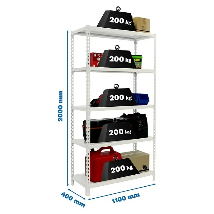 Simonrack Simonclick Metallregal Simonclick Super Plus - H x B x T: 200 x 110 x 40 cm, Traglast pro Boden: 200 kg, Anzahl Böden: 5 Stk., Stecken, Weiß/Weiß - Abbildung eines weißen Metallregals mit fünf Ebenen und verschiedenen Gegenständen und Gewichten darauf, die die Belastbarkeit demonstrieren.