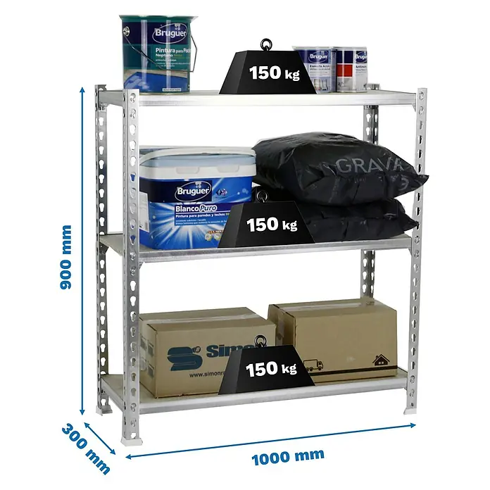 Simonrack Maderclick Metallregal Maderclick Plus - H x B x T: 90 x 100 x 30 cm, Traglast pro Boden: 150 kg, Anzahl Böden: 3 Stk., Stecken, Silber - Ein silbernes Regal mit drei Ebenen, beladen mit Farbbehältern, Säcken und Kartons, wobei jede Ebene mit 150 kg belastet ist.