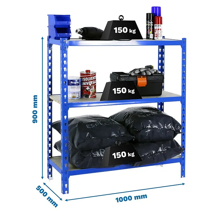 Simonrack Maderclick Metallregal Maderclick Plus - H x B x T: 90 x 100 x 50 cm, Traglast pro Boden: 150 kg, Anzahl Böden: 3 Stk., Stecken, Blau - Abbildung eines blauen Metallregals mit drei Regalböden, beladen mit Werkzeugen, Farben und Säcken. Die Abmessungen sind angegeben.