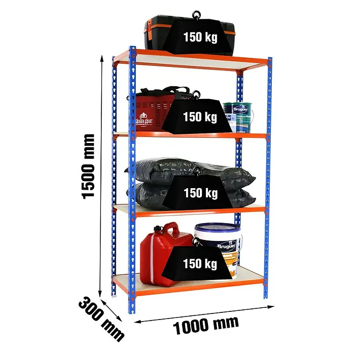 Simonrack Maderclick Metallregal Maderclick Plus - H x B x T: 150 x 100 x 30 cm, Traglast pro Boden: 150 kg, Anzahl Böden: 4 Stk., Stecken, Blau/Orange - Abbildung eines Schwerlastregals mit vier Ebenen, beladen mit Werkzeugkasten, Farbeimern und Säcken, Maße sind angegeben.
