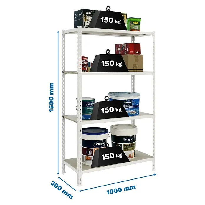 Simonrack Maderclick Metallregal Maderclick Plus - H x B x T: 150 x 100 x 30 cm, Traglast pro Boden: 150 kg, Anzahl Böden: 4 Stk., Stecken, Weiß - Aufnahme eines weißen Lagerregals mit vier Ebenen, auf denen verschiedene Gegenstände und schwarze Gewichte platziert sind.