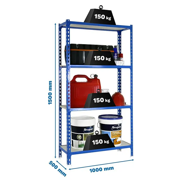 Simonrack Maderclick Metallregal Maderclick Plus - H x B x T: 150 x 100 x 50 cm, Traglast pro Boden: 150 kg, Anzahl Böden: 4 Stk., Stecken, Blau - Produktabbildung eines blauen Lagerregals mit vier Ablagen, das mit verschiedenen Gegenständen und Gewichten belastet ist.