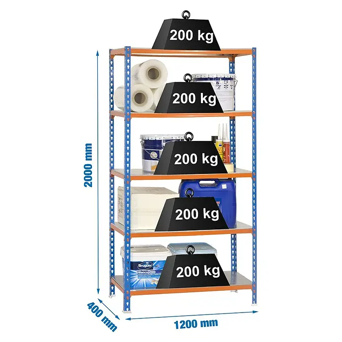 Simonrack Simonclick Estantería metálica Megaplus - Al x An x Pr: 200 x 120 x 40 cm, Capacidad de carga por balda: 200 kg, Número de baldas: 5 ud., Inserción, Azul/Naranja/Galvanizado - Estantería metálica resistente azul y naranja con 5 baldas, demostrada con 200 kg de carga por balda. Medidas: 2000x1200x400 mm.