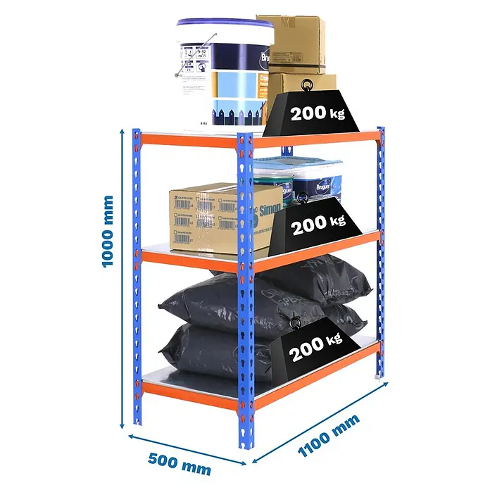 Simonrack Simonclick Estantería metálica Superplus - Al x An x Pr: 100 x 110 x 50 cm, Capacidad de carga por balda: 200 kg, Número de baldas: 3 ud., Inserción, Azul/Naranja/Galvanizado - Estantería metálica azul y naranja con cuatro estantes, 1000x1100x500 mm, cada estante soporta 200 kg.