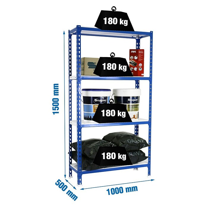 Simonrack Simonclick Estantería metálica Plus (Al x An x Pr: 150 x 100 x 50 cm, Capacidad de carga por balda: 180 kg, Número de baldas: 4 ud., Inserción, Azul/Blanco) | BAUHAUS