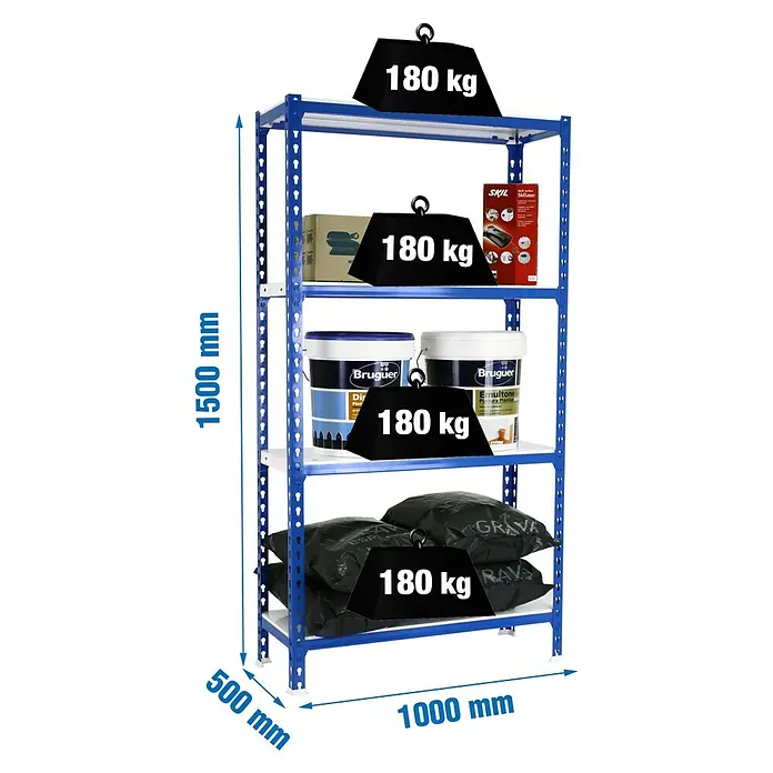 Simonrack Simonclick Estantería metálica Plus - Al x An x Pr: 150 x 100 x 50 cm, Capacidad de carga por balda: 180 kg, Número de baldas: 4 ud., Inserción, Azul/Blanco - Estantería metálica azul con 4 estantes blancos, 1500x1000x500mm, con alta capacidad de carga por estante.