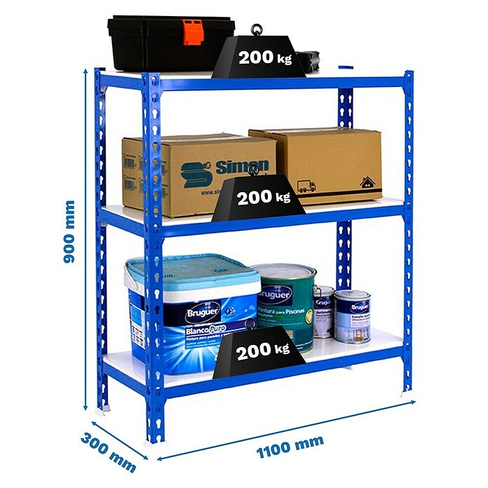 Simonrack Simonclick Estantería metálica Superplus (Al x An x Pr: 90 x 110 x 30 cm, Capacidad de carga por balda: 200 kg, Número de baldas: 3 ud., Inserción, Azul/Blanco) | BAUHAUS