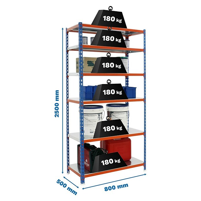 Simonrack Simonclick Estantería metálica Mini (Al x An x Pr: 250 x 80 x 50 cm, Capacidad de carga por balda: 180 kg, Número de baldas: 6 ud., Inserción, Azul/Naranja) | BAUHAUS