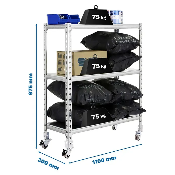 Simonrack Simonclick Estantería metálica Mobile Superplus - Al x An x Pr: 97,5 x 110 x 30 cm, Número de baldas: 3 ud., Inserción, Galvanizado - Estantería metálica móvil con 4 estantes, 975x1100x300mm, capacidad de 75 kg por estante.