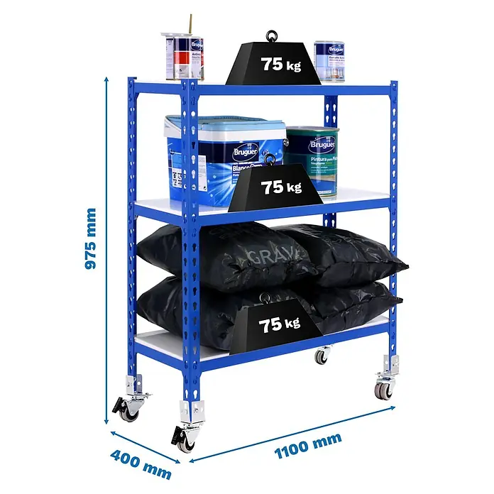 Simonrack Simonclick Estantería metálica Mobile Superplus - Al x An x Pr: 97,5 x 110 x 40 cm, Número de baldas: 3 ud., Inserción, Azul/Blanco - Estantería metálica azul sobre ruedas con estantes blancos. Cada estante soporta 75 kg. Mide 975x1100x400 mm.