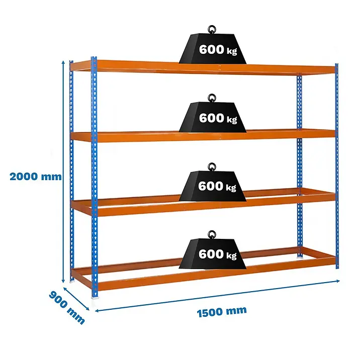 Simonrack Simonforte Estantería para cargas pesadas - Al x An x Pr: 200 x 150 x 90 cm, Número de baldas: 4 ud., Inserción, Azul/Naranja, Capacidad de carga por balda: 600 kg - Estantería metálica azul y naranja con cuatro estantes, cada uno soporta 600kg. Dimensiones: 2000x1500x900mm (AlxAnxProf).