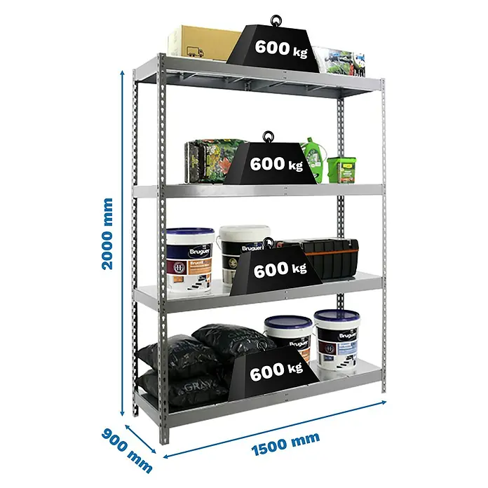 Simonrack Simonforte Estantería para cargas pesadas Metal - Al x An x Pr: 200 x 150 x 90 cm, Capacidad de carga por balda: 600 kg, Número de baldas: 4 ud., Inserción, Gris - Estantería metálica robusta con cuatro estantes, 2000x1500x900 mm. Cada estante soporta 600 kg para almacenamiento pesado.