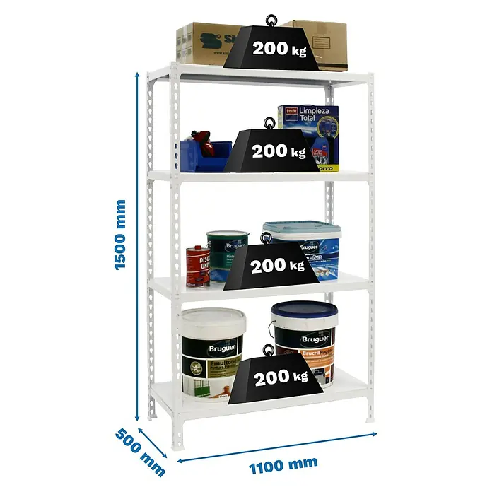 Simonrack Simonclick Estantería metálica Superplus - Al x An x Pr: 150 x 110 x 50 cm, Capacidad de carga por balda: 200 kg, Número de baldas: 4 ud., Inserción, Blanco - Estantería metálica blanca con 4 baldas, 1500x1100x500 mm, cada balda soporta 200 kg.