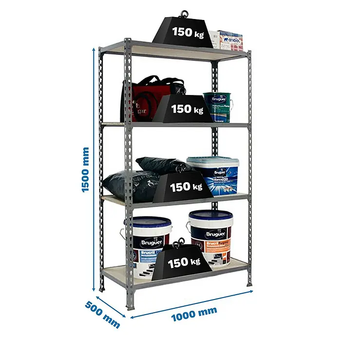 Simonrack Maderclick Metallregal Maderclick Plus - H x B x T: 150 x 100 x 50 cm, Traglast pro Boden: 150 kg, Anzahl Böden: 4 Stk., Stecken, Grau - Abbildung eines robusten Regalsystems mit vier Ebenen, das mit Werkzeugen, Farbdosen und Gewichten von 150 kg beladen ist.