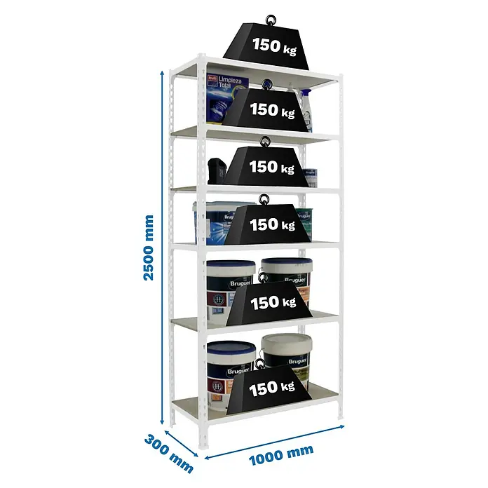 Simonrack Maderclick Metallregal Maderclick Plus - H x B x T: 250 x 100 x 30 cm, Traglast pro Boden: 150 kg, Anzahl Böden: 6 Stk., Stecken, Weiß - Aufnahme eines weißen Metallregals mit sechs Ablagen, das mit verschiedenen Gegenständen und schwarzen Gewichten von 150 kg beladen ist.