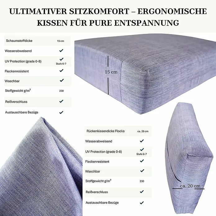 Bonlay Loungesofa Luna - B x T x H: 118 x 58 x 83 cm, Aluminium, Textilene, Anthrazit/Blau - Zwei ergonomische Kissen, ein 15 cm dickes Sitzkissen und ein 20 cm Rückenkissen, aus strapazierfähigem blau-violettem Textilgewebe.