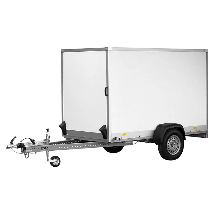Stema Kofferanhänger P-Box 750 - Nutzlast: 331 kg, Einachser, Kasteninnenmaß: 255 × 132 x 154 cm - Weißer Einachs-Kastenanhänger mit schwarzer Deichsel, Kotflügel und einem Rad an der Seite.