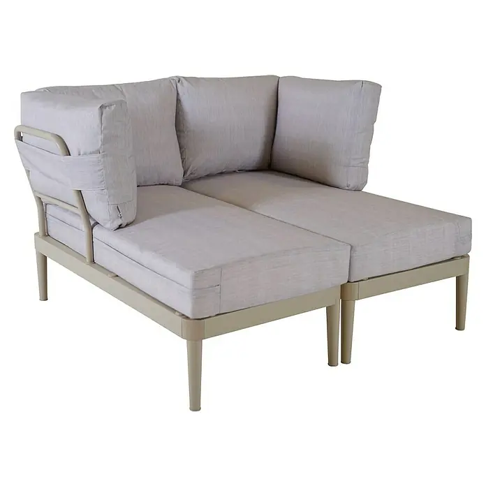 Bonlay Loungesofa Luna - B x T x H: 118 x 58 x 83 cm, Aluminium, Textilene, Sandbeige - Ecksofa-Einheit mit hellgrauen Kissen und hellbeigem Metallrahmen.