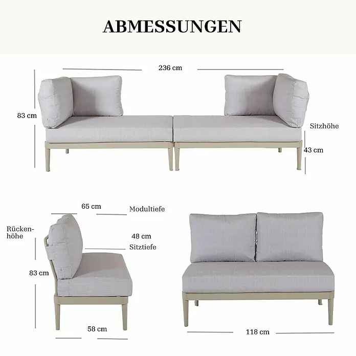 Bonlay Loungesofa Luna - B x T x H: 118 x 58 x 83 cm, Aluminium, Textilene, Sandbeige - Helles graues modulares Sofa mit beigem Gestell, das seine Gesamtmaße (Länge, Höhe) und Sitzmaße (Höhe, Tiefe) zeigt.