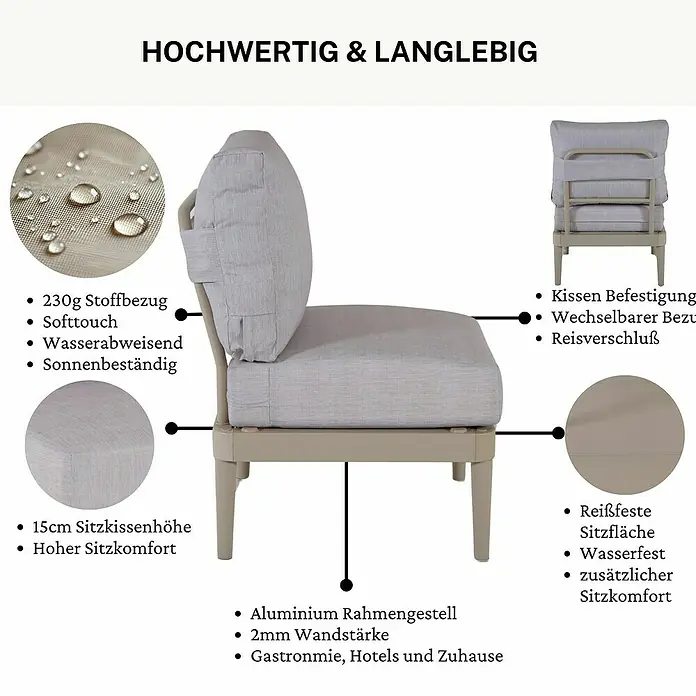 Bonlay Loungesofa Luna - B x T x H: 118 x 58 x 83 cm, Aluminium, Textilene, Sandbeige - Beiger Outdoor-Sessel mit hellgrauen Kissen, wasserabweisendem Stoff, robustem Aluminiumrahmen und Komfortmerkmalen.