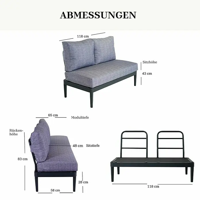 Bonlay Loungesofa Luna - B x T x H: 118 x 58 x 83 cm, Aluminium, Textilene, Anthrazit/Blau - Graues modulares Sofa mit dunklem Gestell, zeigt Maße wie Gesamtbreite 118 cm und Sitzhöhe 43 cm.