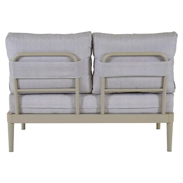 Bonlay Loungesofa Luna - B x T x H: 118 x 58 x 83 cm, Aluminium, Textilene, Sandbeige - Rückansicht eines hellgrauen Zweisitzer-Gartensofas mit hellbeigem Metallrahmen und Stoffkissen.