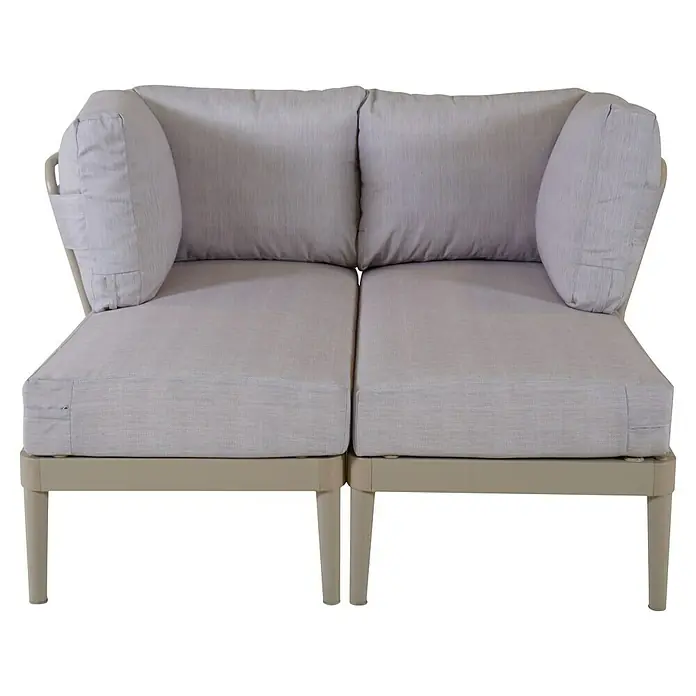 Bonlay Loungesofa Luna - B x T x H: 118 x 58 x 83 cm, Aluminium, Textilene, Sandbeige - Bild eines hellgrauen Outdoor-Sessels für zwei Personen mit weichen Kissen und einem modernen Design.