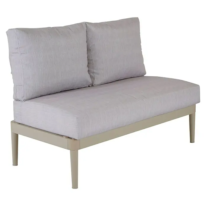Bonlay Loungesofa Luna - B x T x H: 118 x 58 x 83 cm, Aluminium, Textilene, Sandbeige - Dieses Bild zeigt ein bequemes Loungesofa mit hellgrauen Kissen und einem beigefarbenen Rahmen, ideal für den Außenbereich.