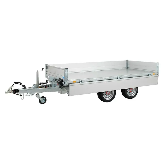 Stema Kippanhänger Rocko 2700 Tandem Elektro - Nutzlast: 1.971 kg, Doppelachser, Kasteninnenmaß: 301 × 153 x 30 cm, Gebremst - Hellgrauer Anhänger mit Stützrad, Anhängerkupplung und zwei Rädern, mit abklappbaren Bordwänden.