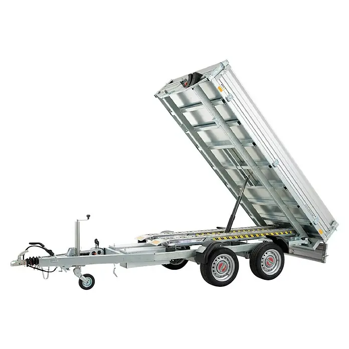 Stema Kippanhänger Rocko 2700 Tandem Elektro - Nutzlast: 1.971 kg, Doppelachser, Kasteninnenmaß: 301 × 153 x 30 cm, Gebremst - Silberner, verzinkter Anhänger mit gekippter Ladefläche, Doppelachse und schwarzen Reifen.