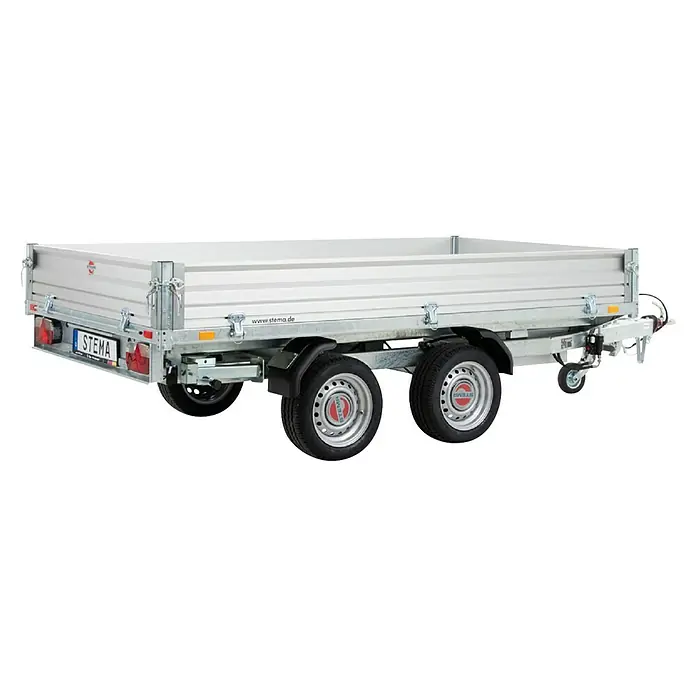 Stema Kippanhänger Rocko 2700 Tandem Elektro - Nutzlast: 1.971 kg, Doppelachser, Kasteninnenmaß: 301 × 153 x 30 cm, Gebremst - Ein silberner zweiachsiger Kastenanhänger mit weißen Seitenwänden, schwarzen Reifen und Kotflügeln, einer Anhängerkupplung, Rückleuchten und Kennzeichenhalterung.