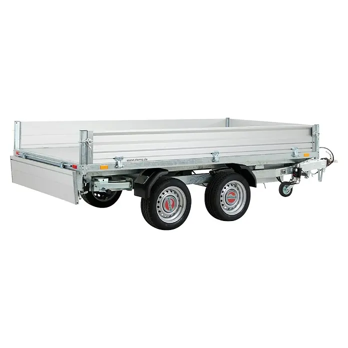 Stema Kippanhänger Rocko 2700 Tandem Elektro - Nutzlast: 1.971 kg, Doppelachser, Kasteninnenmaß: 301 × 153 x 30 cm, Gebremst - Silber-weißer Tandem-Achs-Anhänger mit Aluminium-Bordwänden, Kotflügeln und Stützrad. Mit Stema-Rädern.
