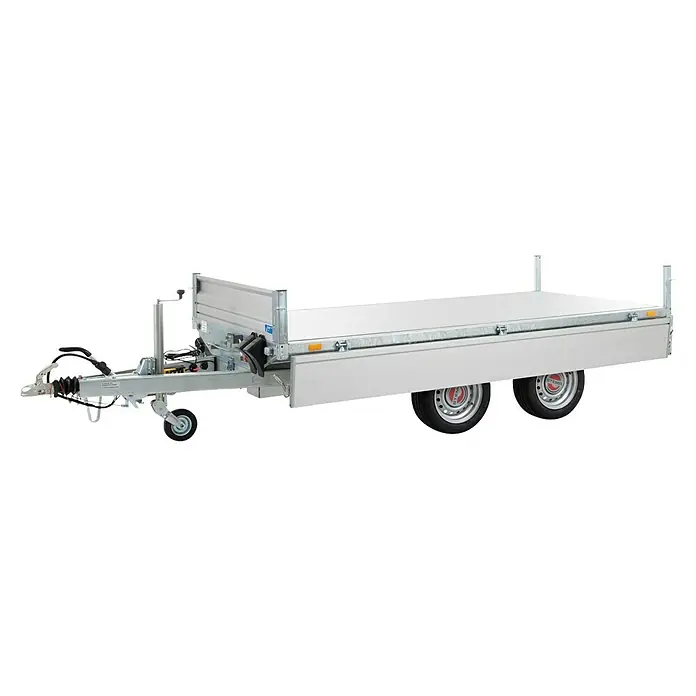 Stema Kippanhänger Rocko 2700 Tandem Elektro - Nutzlast: 1.971 kg, Doppelachser, Kasteninnenmaß: 301 × 153 x 30 cm, Gebremst - Weißer Tandemachs-Anhänger mit Pritsche und Anhängerkupplung. Ideal für den Gütertransport.