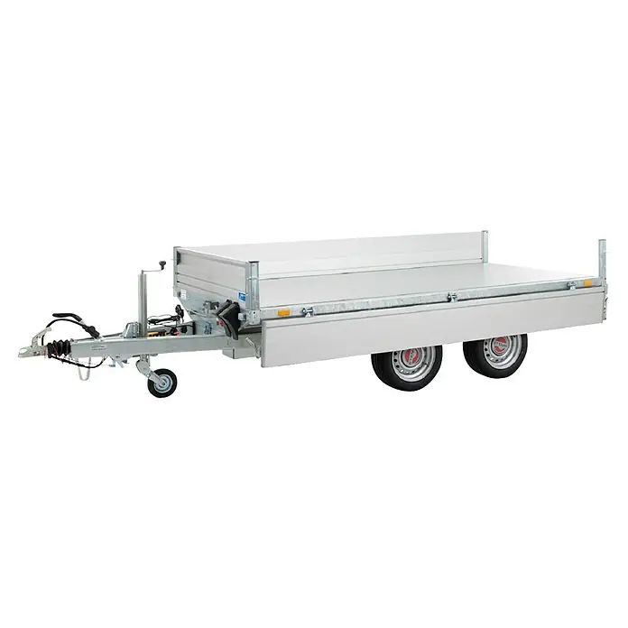 Stema Kippanhänger Rocko 2700 Tandem Elektro - Nutzlast: 1.971 kg, Doppelachser, Kasteninnenmaß: 301 × 153 x 30 cm, Gebremst - Ein neuer, silberner Pritschenanhänger mit abklappbaren Seitenwänden und zwei Achsen, mit Anhängerkupplung und Stützrad.