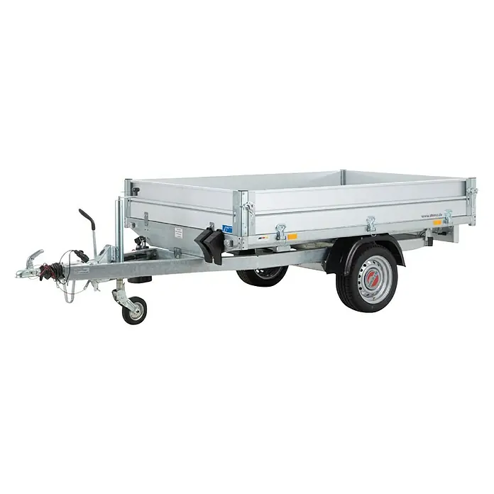 Stema Kippanhänger Rocko 1500 - Nutzlast: 1.044 kg, Einachser, Kasteninnenmaß: 231 × 153 x 30 cm, Gebremst - Verzinkter einachsiger Anhänger mit schwarzen Kotflügeln, Rädern und Stützrad.