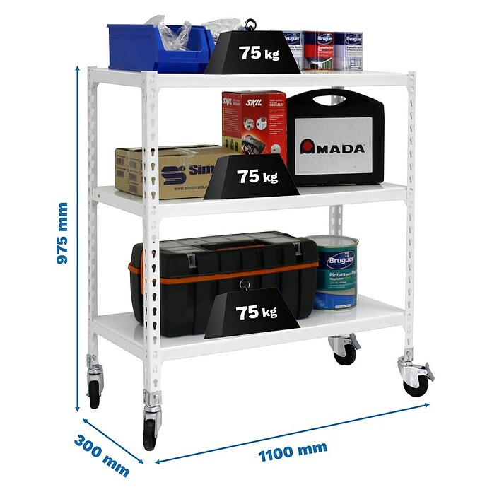 Simonrack Simonclick Estantería metálica Mobile Superplus (Al x An x Pr: 97,5 x 110 x 30 cm, Capacidad de carga: 225 kg, Número de baldas: 3 ud., Inserción, Blanco) | BAUHAUS