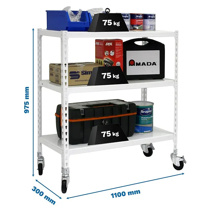 Simonrack Simonclick Estantería metálica Mobile Superplus - Al x An x Pr: 97,5 x 110 x 30 cm, Número de baldas: 3 ud., Inserción, Blanco - Carro estantería metálico blanco con tres estantes, mostrando una capacidad de 75 kg por estante, con dimensiones 975x1100x300 mm.