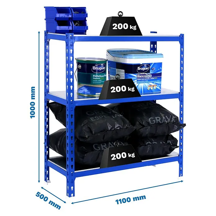 Simonrack Simonclick Estantería metálica Superplus - Al x An x Pr: 100 x 110 x 50 cm, Capacidad de carga por balda: 200 kg, Número de baldas: 3 ud., Inserción, Azul/Galvanizado - Estantería metálica azul con 3 baldas, 1000x1100x500mm, 200 kg de carga por balda. Almacenamiento resistente.