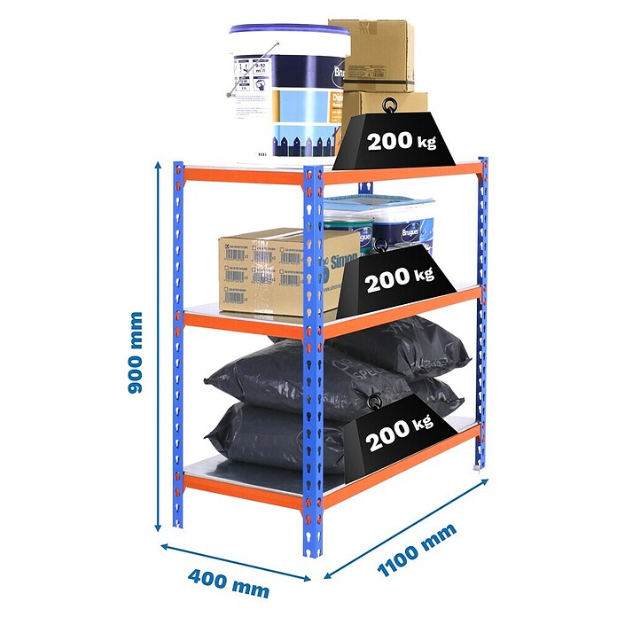Simonrack Simonclick Estantería metálica Superplus (Al x An x Pr: 90 x 110 x 40 cm, Capacidad de carga por balda: 200 kg, Número de baldas: 3 ud., Inserción, Azul/Naranja/Galvanizado) | BAUHAUS