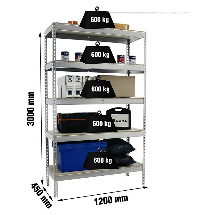 Simonrack Simonforte Estantería para cargas pesadas Chipboard - Al x An x Pr: 300 x 120 x 45 cm, Capacidad de carga por balda: 600 kg, Número de baldas: 5 ud., Inserción, Galvanizado - Estantería metálica resistente con 5 estantes de madera, 3000x1200x450 mm, 600 kg por estante.