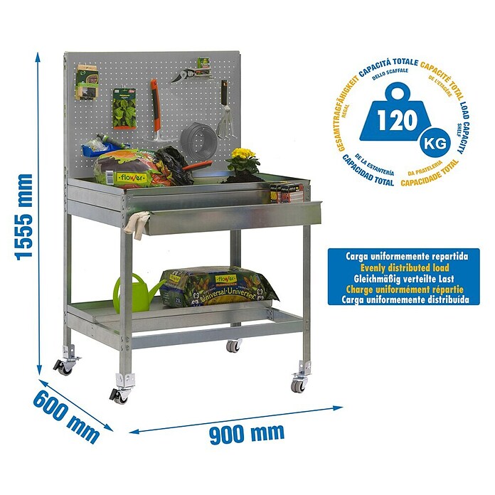 Simonrack Simongarden Banco de trabajo BT2 Box Mobile (L x An: 60 x 90 cm, Altura de trabajo: 151,5 cm, Carga soportada: 120 kg, Gris/Galvanizado) | BAUHAUS