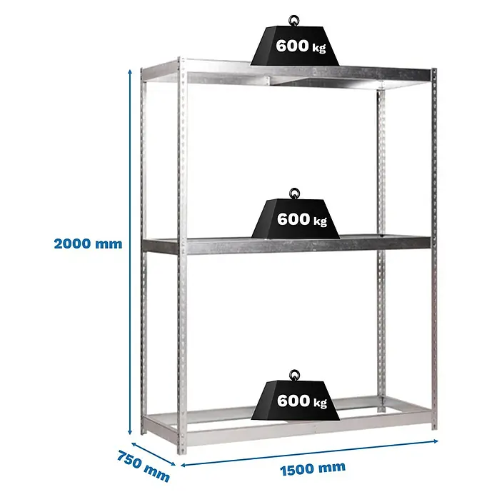 Simonrack Simonforte Estantería para cargas pesadas - Al x An x Pr: 200 x 150 x 75 cm, Número de baldas: 3 ud., Inserción, Galvanizado, Capacidad de carga por balda: 600 kg - Estantería metálica plateada con 3 baldas, cada una con un peso de 600 kg. Medidas: 2000x1500x750 mm.