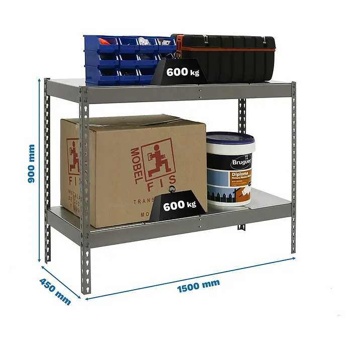 Simonrack Simonforte Schwerlastregal Simonforte Metall - H x B x T: 90 x 150 x 45 cm, Traglast pro Boden: 600 kg, Anzahl Böden: 2 Stk., Stecken, Grau/Silber - Graues Metallregal mit 2 Regalböden, 900x1500x450 mm, jeder Boden trägt bis zu 600 kg. Mit darauf gelagerten Gegenständen.