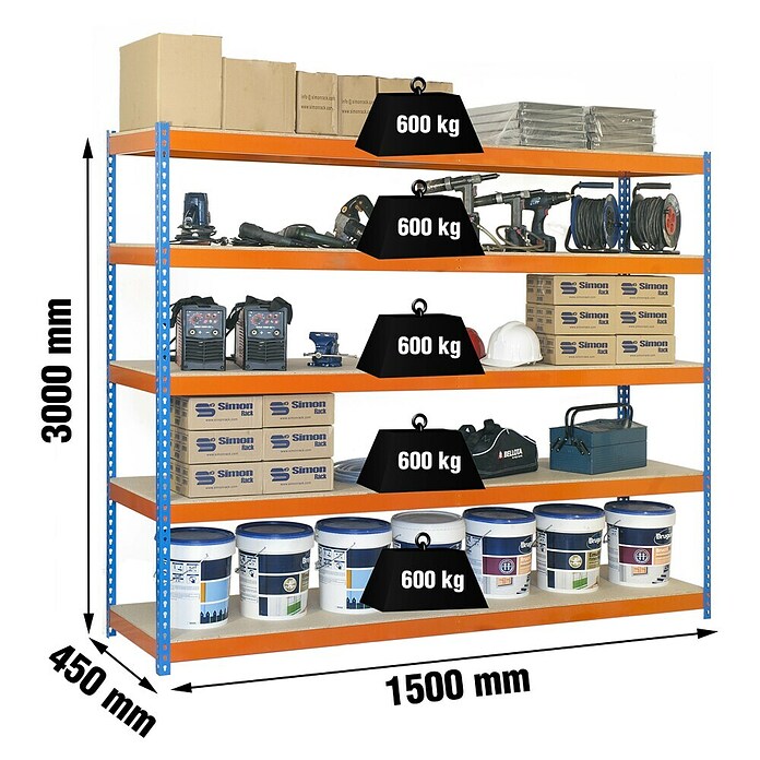 Simonrack Simonforte Schwerlastregal Simonforte Chipboard (H x B x T: 300 x 150 x 45 cm, Traglast pro Boden: 600 kg, Anzahl Böden: 5 Stk., Stecken, Blau/Orange) | BAUHAUS