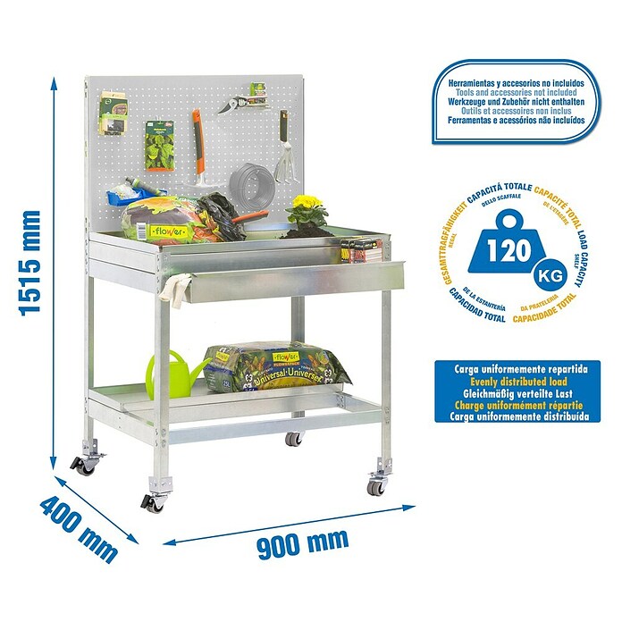 Simonrack Simongarden Banco de trabajo BT2 Box Mobile (L x An: 40 x 90 cm, Altura de trabajo: 151,5 cm, Carga soportada: 120 kg, Galvanizado) | BAUHAUS