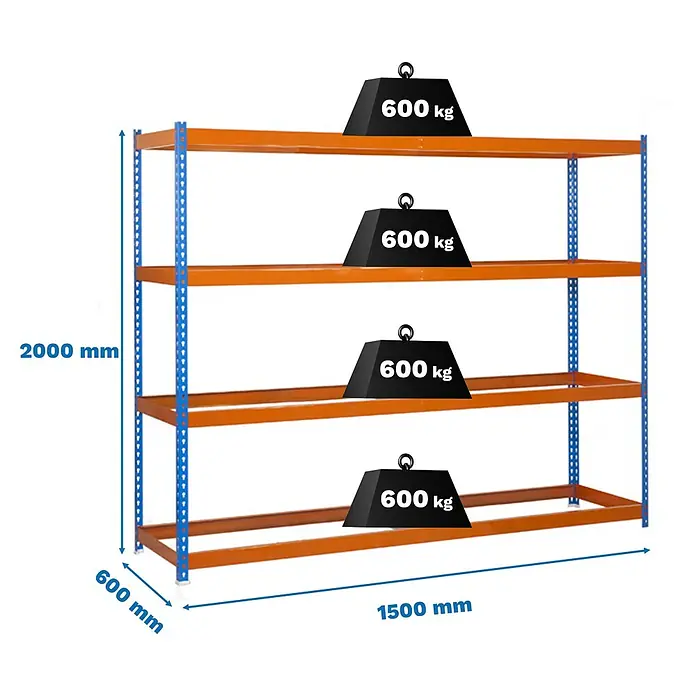 Simonrack Simonforte Estantería para cargas pesadas - Al x An x Pr: 200 x 150 x 60 cm, Número de baldas: 4 ud., Inserción, Azul/Naranja, Capacidad de carga por balda: 600 kg - Estantería industrial naranja y azul, 2000x1500x600mm, 4 baldas, 600 kg por balda.
