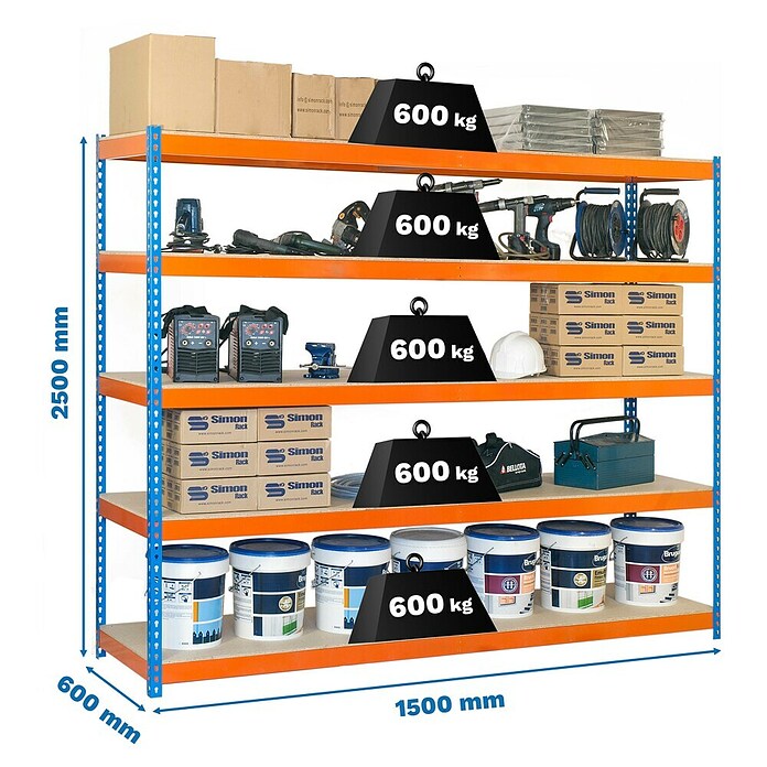 Simonrack Simonforte Schwerlastregal Simonforte Chipboard (H x B x T: 250 x 150 x 60 cm, Traglast pro Boden: 600 kg, Anzahl Böden: 5 Stk., Stecken, Blau/Orange) | BAUHAUS