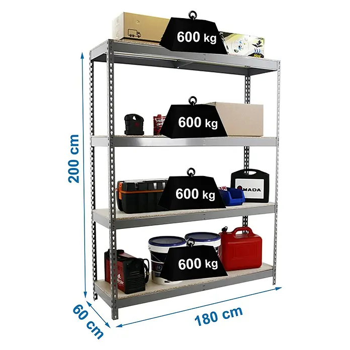 Simonrack Simonforte Estantería para cargas pesadas Chipboard - Al x An x Pr: 200 x 180 x 60 cm, Capacidad de carga por balda: 600 kg, Número de baldas: 4 ud., Inserción, Gris - Estantería metálica gris con 4 baldas de madera, capacidad de carga de 600 kg por balda, 200x180x60 cm (ALF).